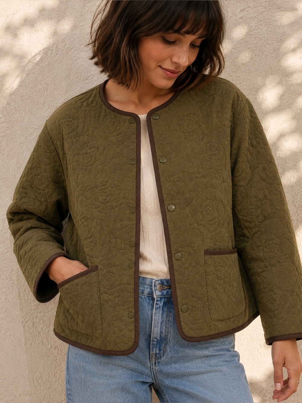 Heartloom Floral Quilted Snap Front Jacket Olive Brown Trim XS